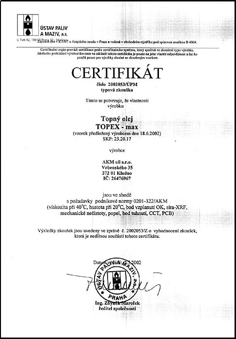 certifik�t pro topn� olej